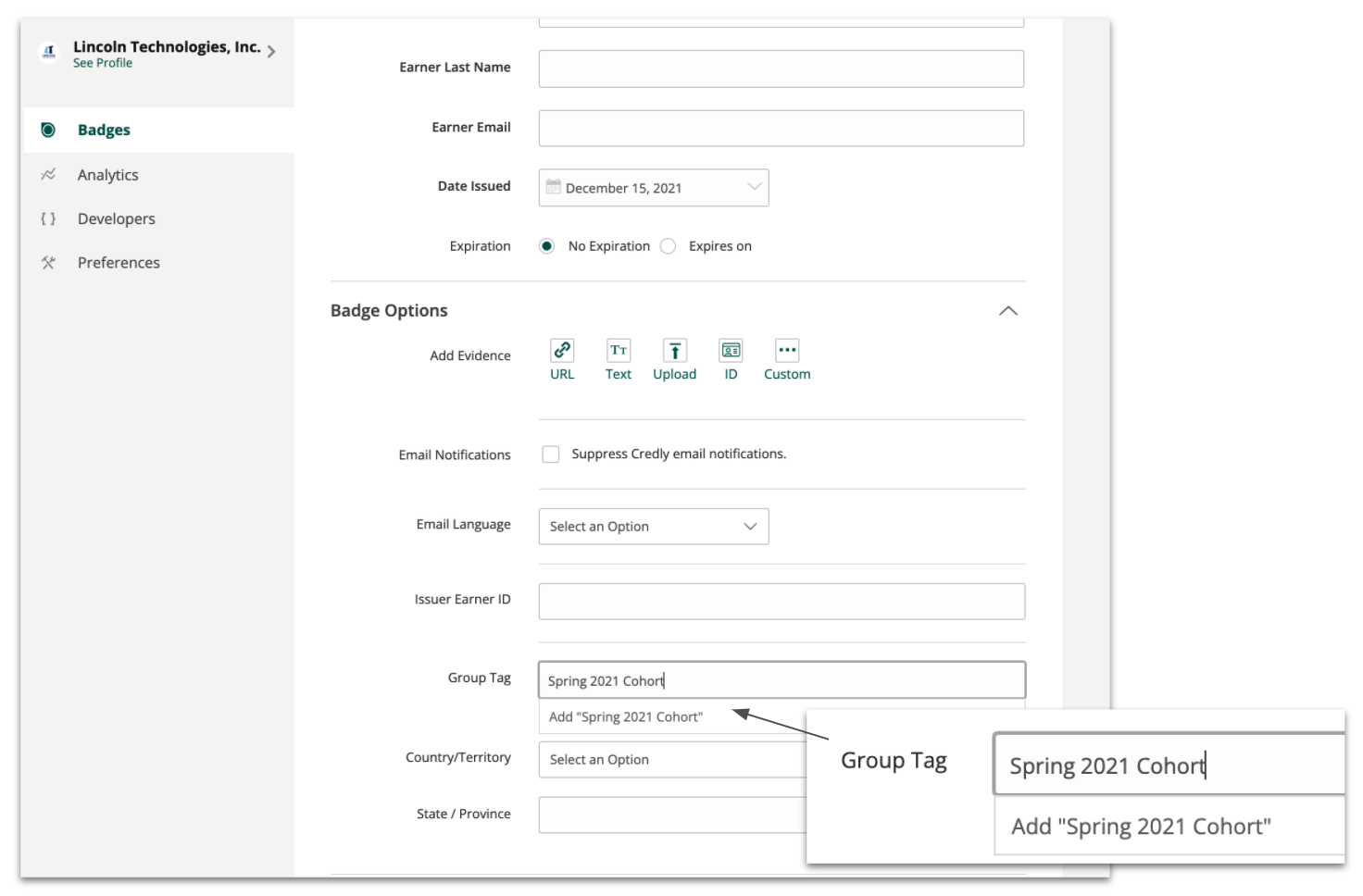 a view of badge options area for individual issuing, including the field for group tag